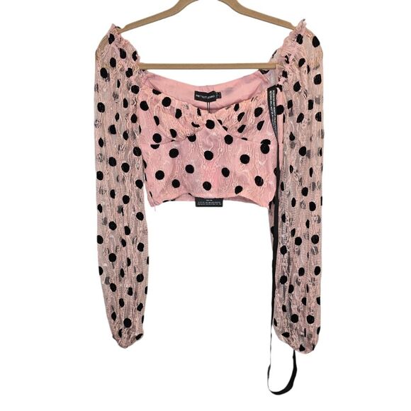 NWT PrettyLittleThing Women's Size 0 Pink Lace Polka Dot Cropped Blouse - Picture 2 of 16